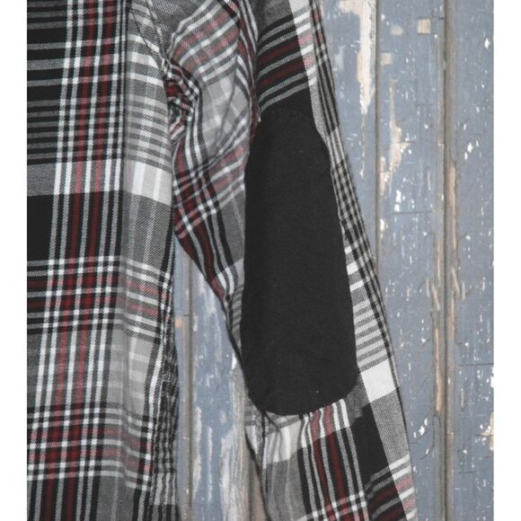 Sean John Boy's Shirt SZ M Black Plaid Button Up Elbow Patches Roll Tab Sleeves - Picture 7 of 8
